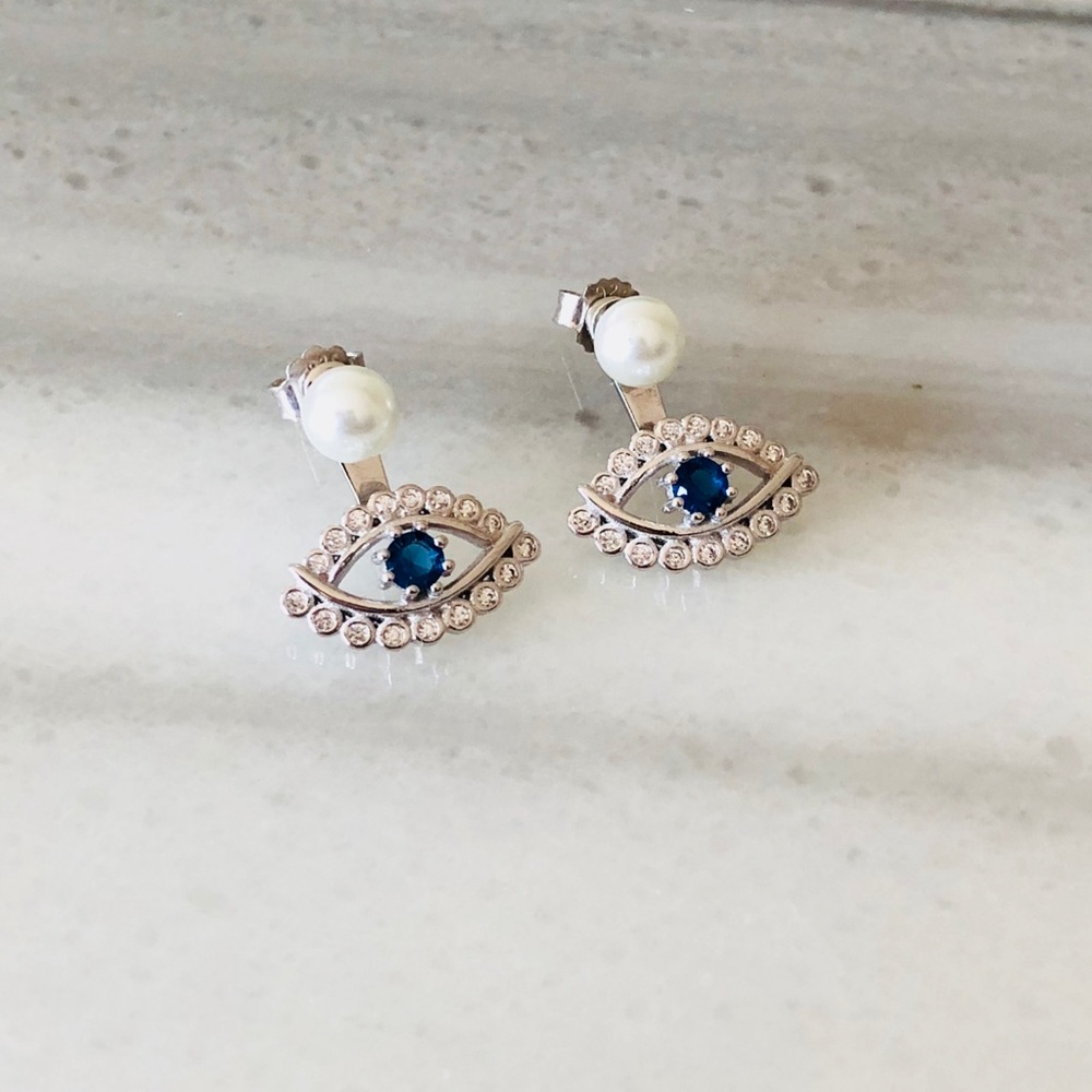 Evil eye sterling silver pearl was jacket earrings